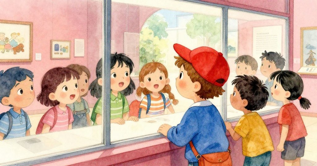 湯姆和朋友們站在博物館大窗前，透過窗玻璃欣賞展品，臉上滿是驚奇與好奇，展現發現之美。