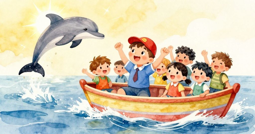 湯姆與朋友們乘坐色彩斑斕的小船在海上嬉戲，陽光閃耀中有一隻海豚跳躍，營造出快樂冒險的場景。