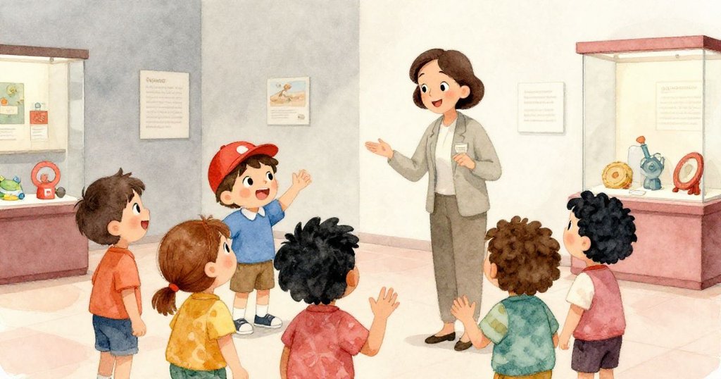 在博物館中，老師和導覽員與湯姆及朋友們互動解答問題，孩子們滿懷好奇和喜悅，充滿學習靈感的情景。