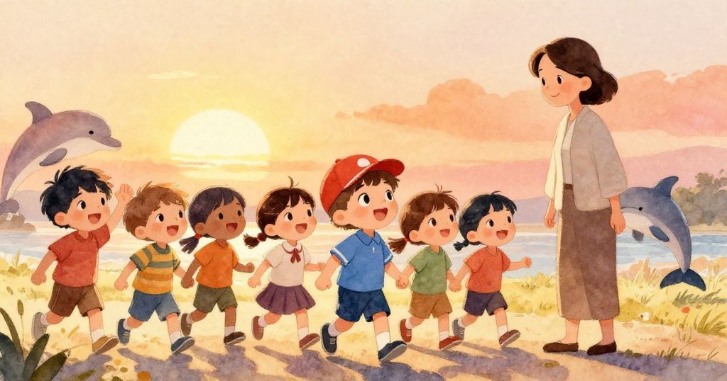 在夕陽餘暉中，湯姆與朋友們和老師微笑著漫步，表情流露出驚喜與滿足，迎向全新學習旅程。