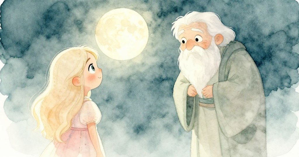 從莉莉肩後視角看見智慧導者在明亮月下指引，神秘夜空中流露著期待與秘密氣息。