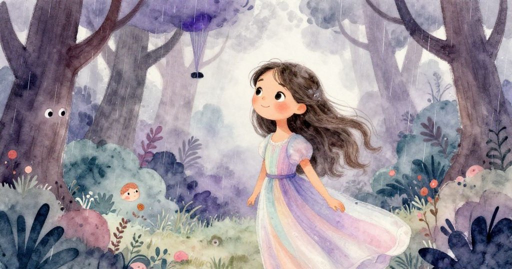 在雷聲與細雨中，莉莉認真傾聽大自然的低語，古樹環繞中流露出深思與神秘情懷。