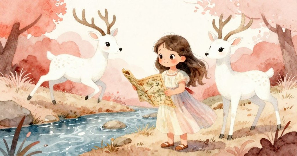 莉莉在森林溪邊發現陳舊地圖，與一隻優雅白鹿互动，陽光灑落彰顯出冒險喜悅與奇遇。