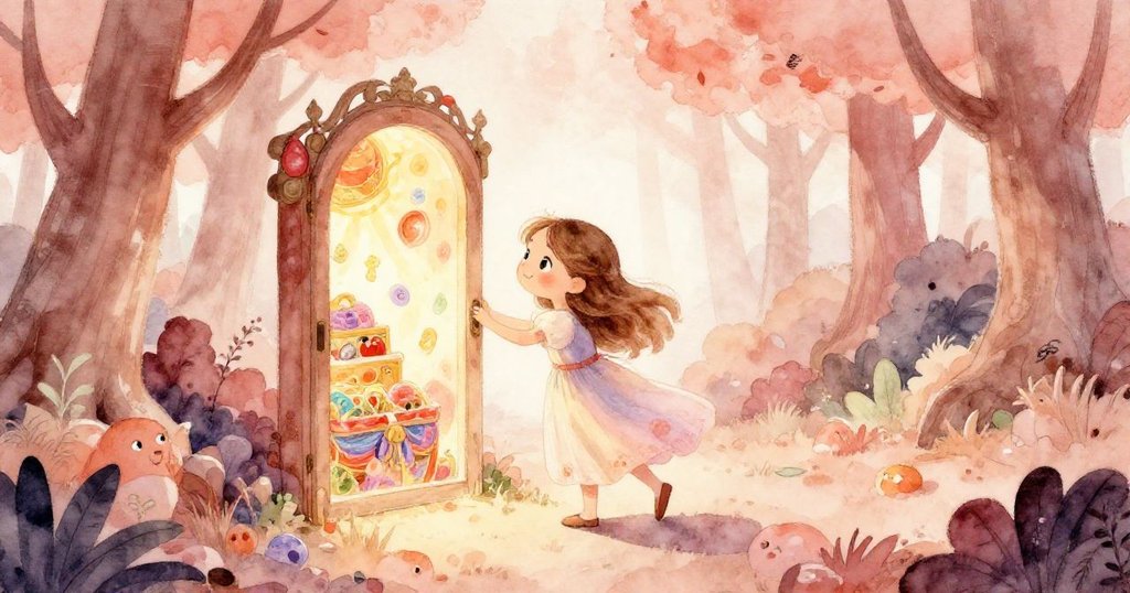 莉莉開啟隱藏之門展現奪目寶藏，臉上洋溢著成就喜悅，與魔法森林道別，情感豐富動人。