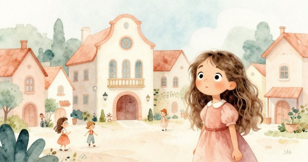 莉拉在熱鬧小鎮廣場上，眼睛閃爍著好奇光芒，她望向背景中那獨特尖拱形的建築物，充滿探索情懷。