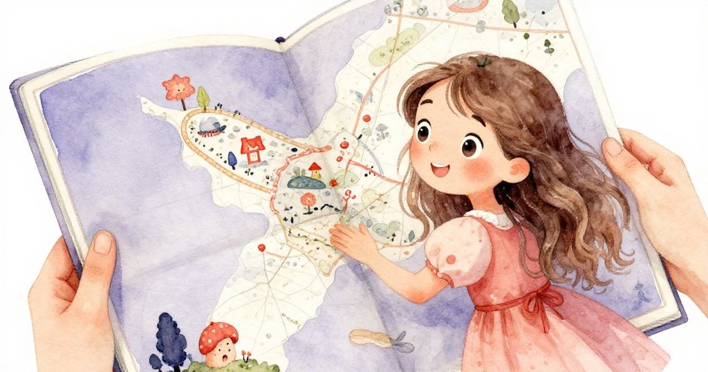 莉拉手持神秘地圖，細讀上面複雜線條與象徵，神情專注且充滿好奇，展現探索之旅初始。