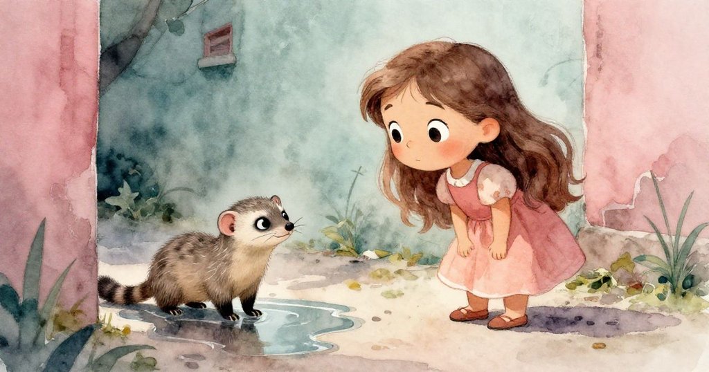 莉拉在隱蔽小巷中注視著水中倒映的敏捷狐獴，其眼神充滿好奇與期待，背景散發柔和神秘光芒。