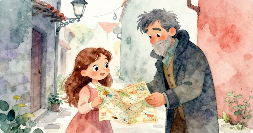 莉拉與神秘男子在狹窄小巷中互換地圖，共同研究線索，彼此眼神交流充滿信任與興奮，展現合作的魅力。