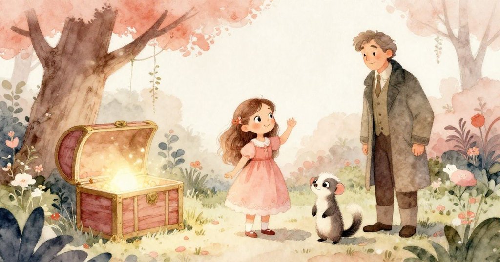 莉拉與神秘男子及狐獴站在古樹下的古老花園中，齊心發現發光寶藏，夕陽灑下溫暖光輝，畫面充滿寧靜與驚喜。