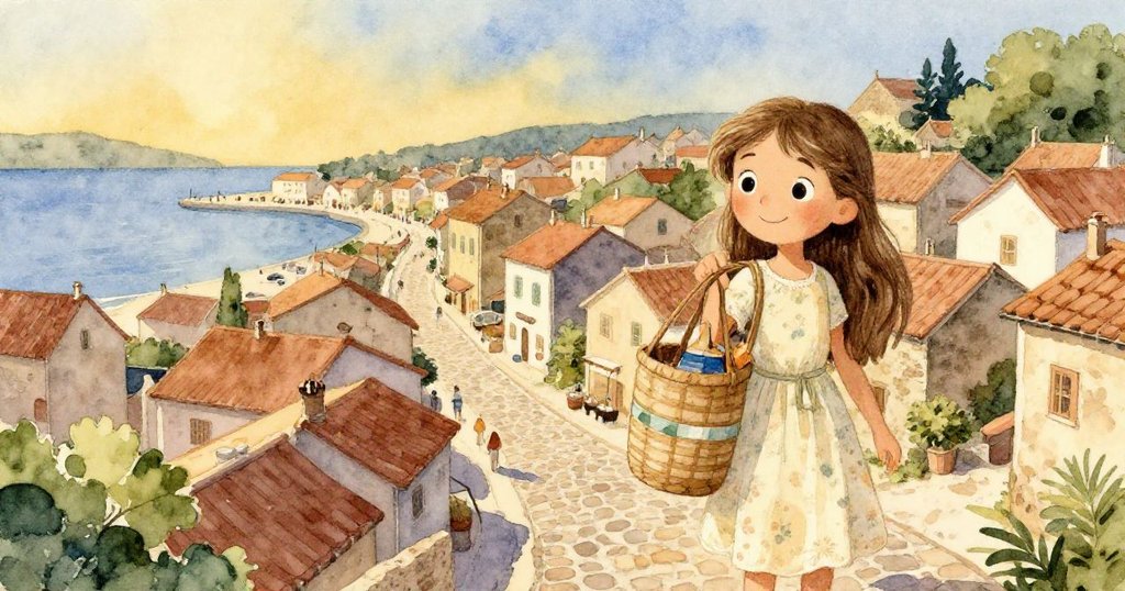 瑪麗亞手持紀念品在迷人海岸小鎮漫步，夜光映照石板路，神情充滿期待與夢想