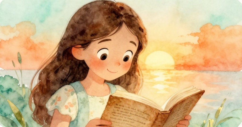 瑪麗亞凝視手中的古舊信件，臉上流露出驚奇與懷念，背景隱現圖書館書架