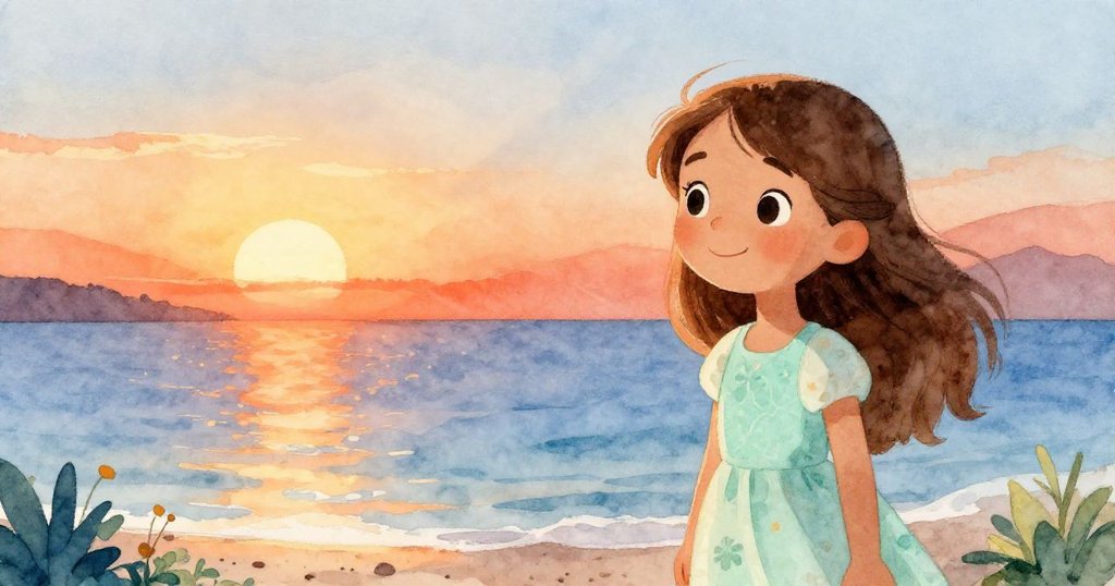 瑪麗亞站在海港邊感受溫柔夕陽光芒，海水閃爍與輕風吹拂，透露出隱藏的冒險故事