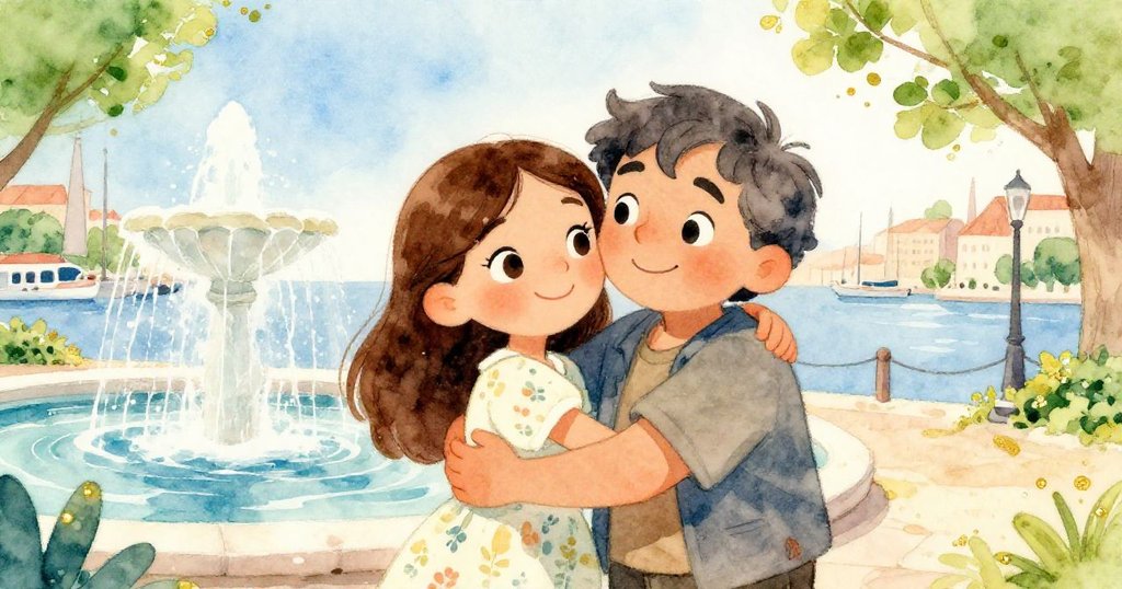 瑪麗亞與老友在閃爍噴泉旁深情擁抱，臉上流露溫暖笑容，共享回憶與新夢