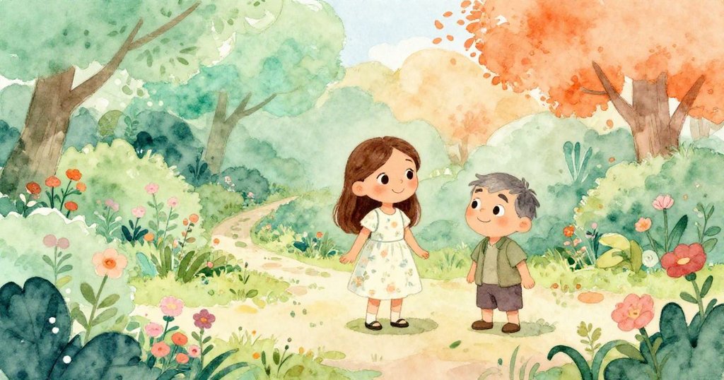 瑪麗亞與老友手牽手穿過祕密花園，花朵細緻綻放，空氣中彌漫寧靜魔法與希望