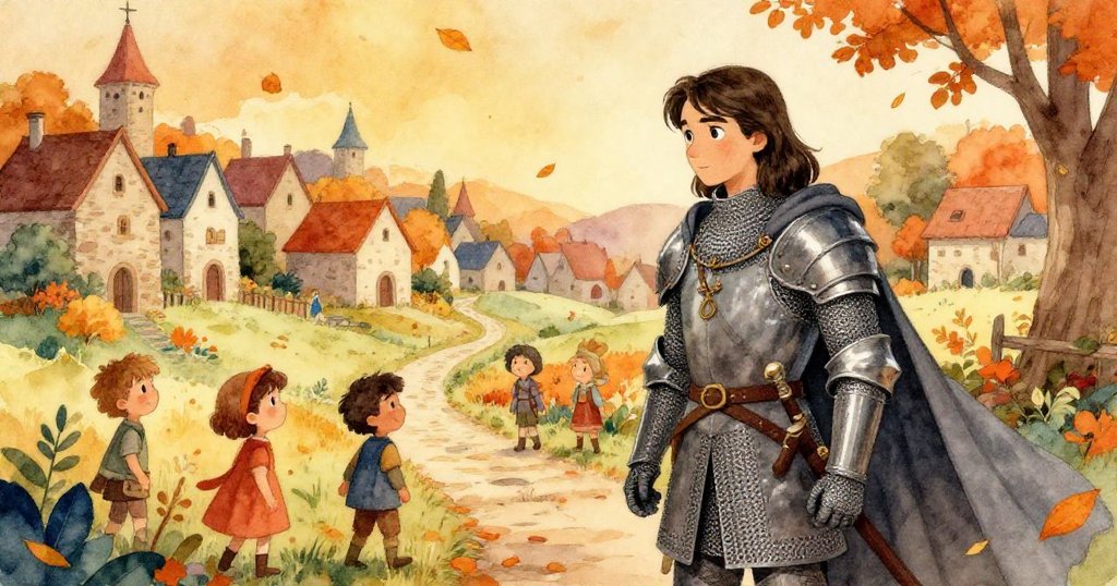 黃昏時分，Sir Alaric踏入Eldermoor村莊，落葉紛飛，夕陽餘輝映出寧靜與期待。