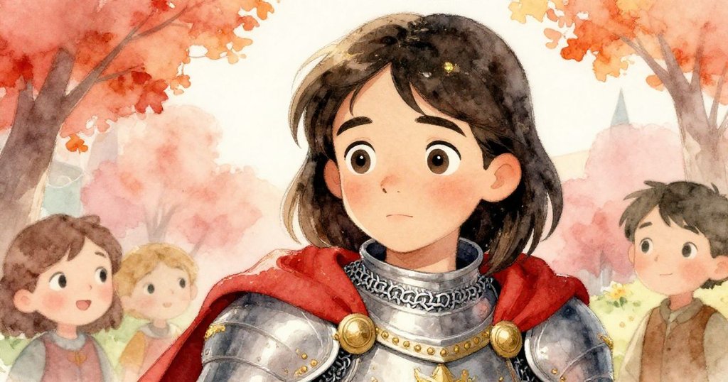 Sir Alaric特寫表情充滿好奇與堅定，背景朦朧村莊秋意濃，傳遞溫柔與希望情感。