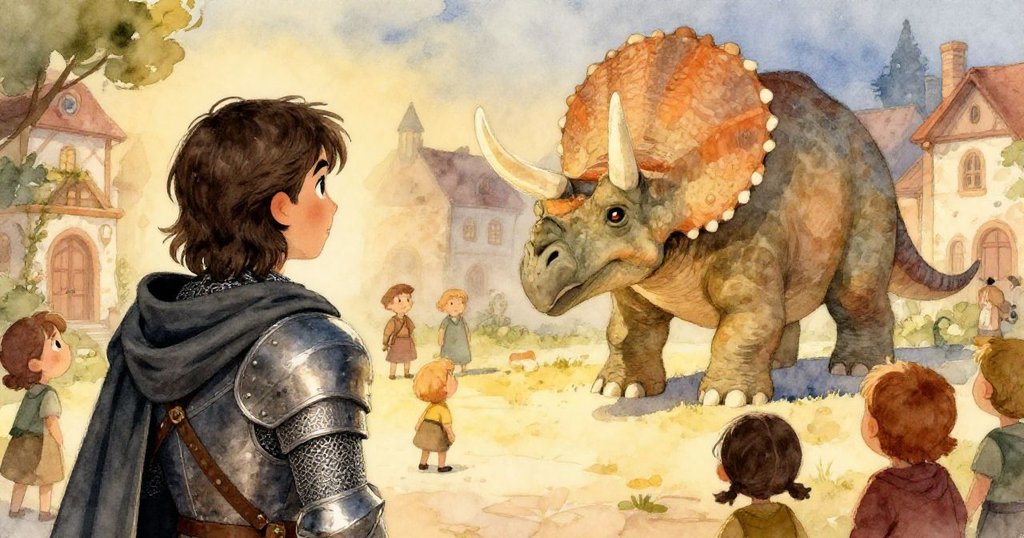 從Sir Alaric身後看村民驚訝凝視，一隻溫和三角恐龍在石板廣場上優雅行進，傳遞神秘情懷。