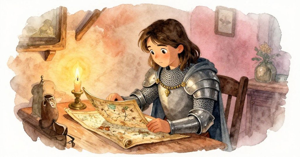 在溫暖木屋中，Sir Alaric細讀古舊地圖，燭光映照臉上凝思與傳承智慧的柔情。
