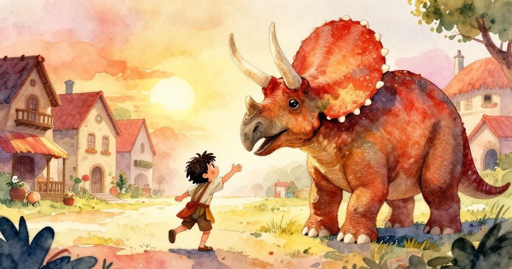 動態畫面中，年輕村民伸手觸摸溫柔三角恐龍，現場充滿互動與溫馨和諧情景。