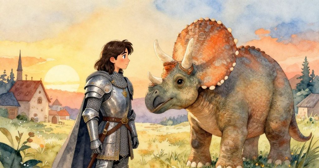 夕陽餘暉下，Sir Alaric與溫柔三角恐龍共同凝視遠方，夕光映襯下傳遞希望與寧靜未來。