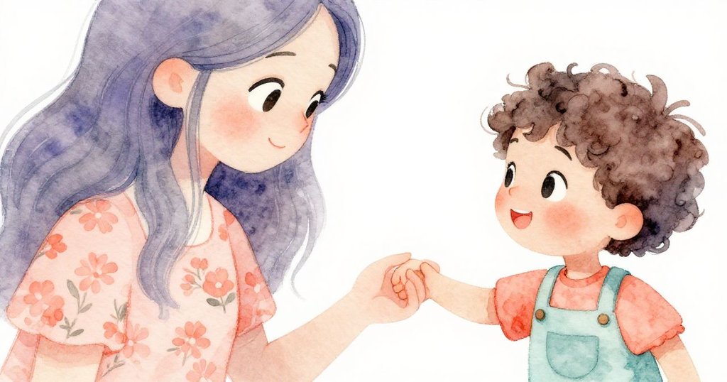 媽媽溫柔地牽著孩子的手，展現出深厚愛意與溫暖情感，細節捕捉到手部溫柔觸感。