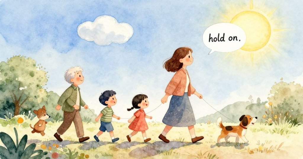 家人凝望水洼中映出的笑臉，藍天下倒映著溫柔色彩，展現出一刻靜謐而愉悅的情感交流。