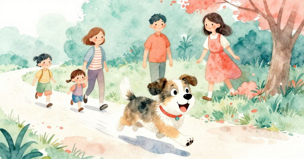 快樂的小狗活潑奔跑加入家庭散步，邊吠邊唱，整個場景充滿歡樂互動與生動活力。