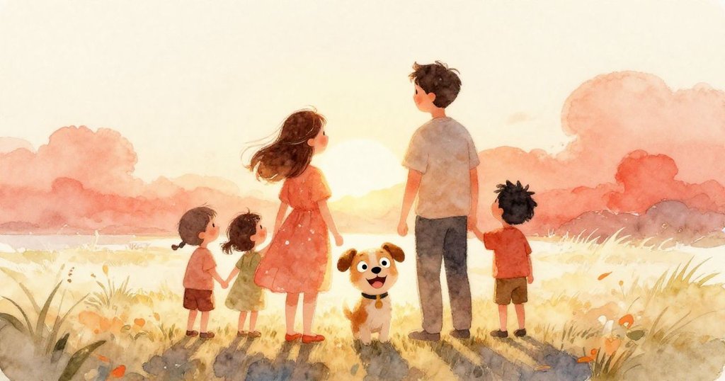 夕陽金色映照下，家庭與小狗齊聚一堂，滿懷驚嘆與自豪，溫暖光線中展現和諧幸福的結局。