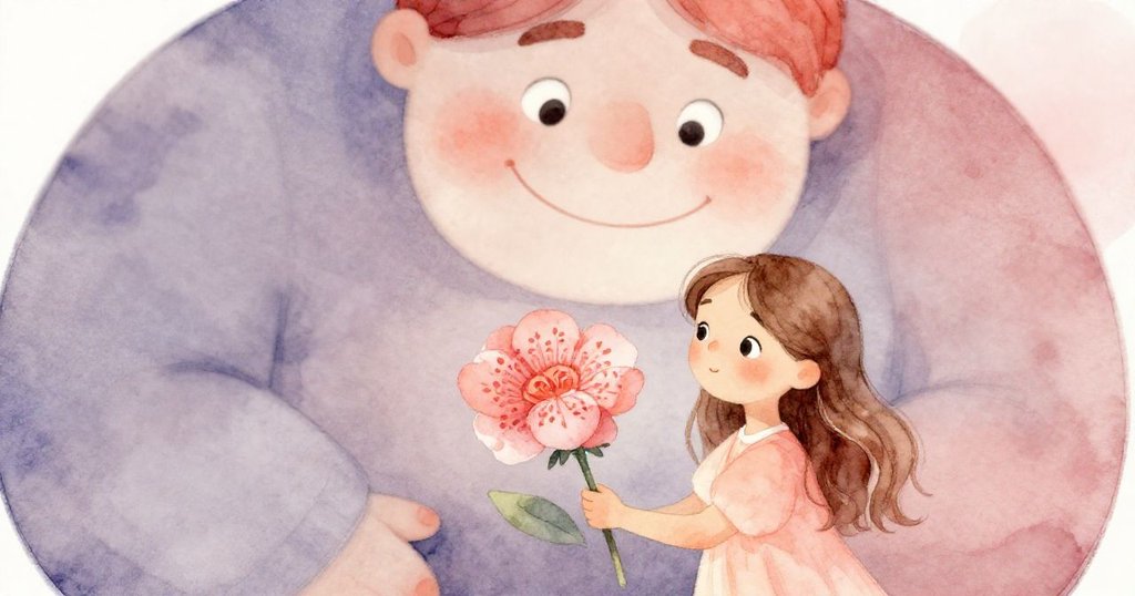 Anna細心捧著鮮花，手中花瓣清晰，巨人含笑在後，呈現溫柔互動和細膩情感。