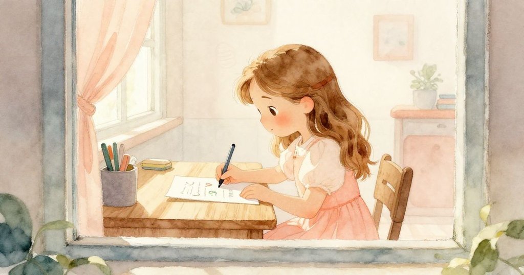 透過窗戶見室內溫馨光影，Anna認真書寫筆記，心中充滿溫柔期待與平靜喜悅。