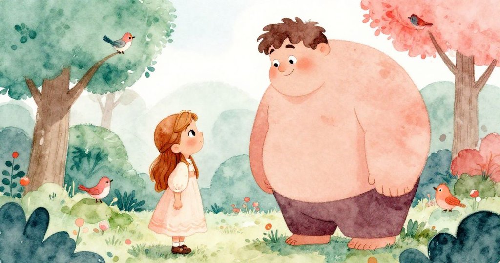 戶外陽光明媚，Anna與巨人熱情對話，鳥兒在樹間歌唱，場景充滿歡樂與自然美好。