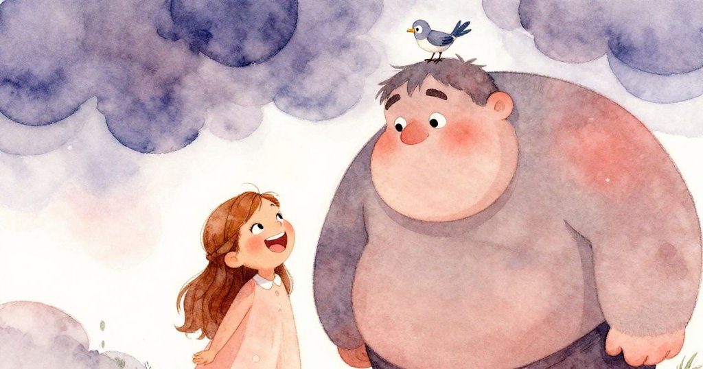 忽見烏雲低垂，鳥兒輕停巨人頭上，Anna與巨人爆笑，場景既意外又充滿趣味。