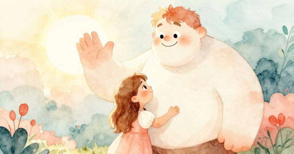 日光灑下，Anna與巨人深情擁抱，巨人揮手告別，溫暖餘韻展現故事圓滿幸福結局。