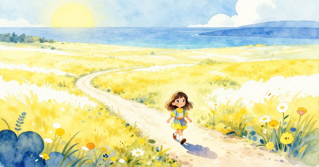 莉拉踏上寬闊魔法大地，迎向朝陽照耀的遠方，夢想與希望在自然奇觀中展開新篇章。