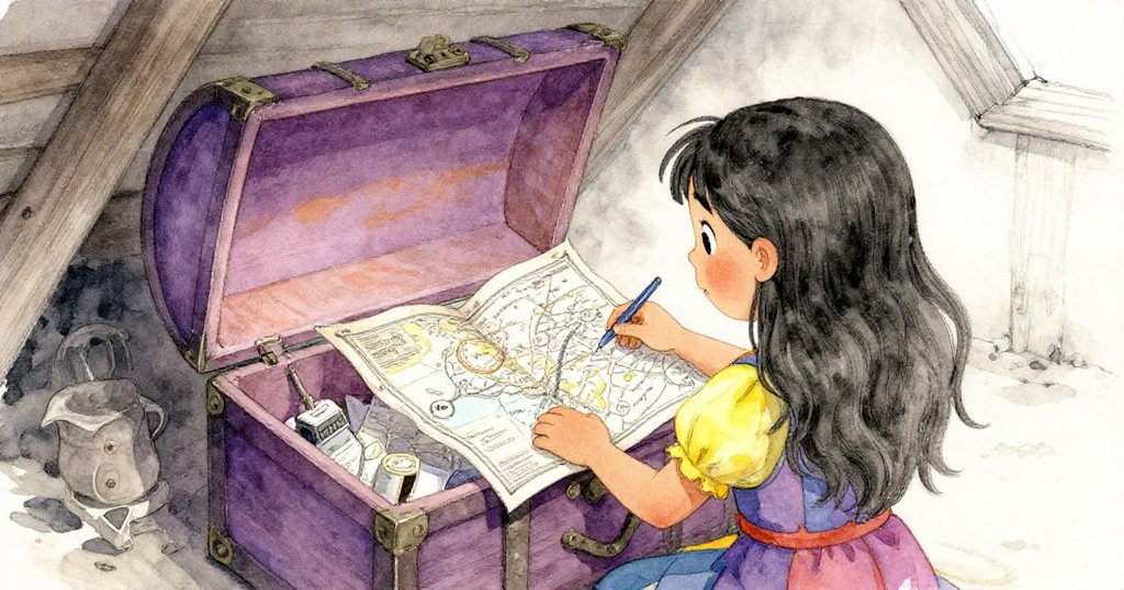 莉拉在幽暗閣樓中從舊寶箱中取出古老地圖，認真探查隱秘標記，充滿冒險好奇心與探索精神。