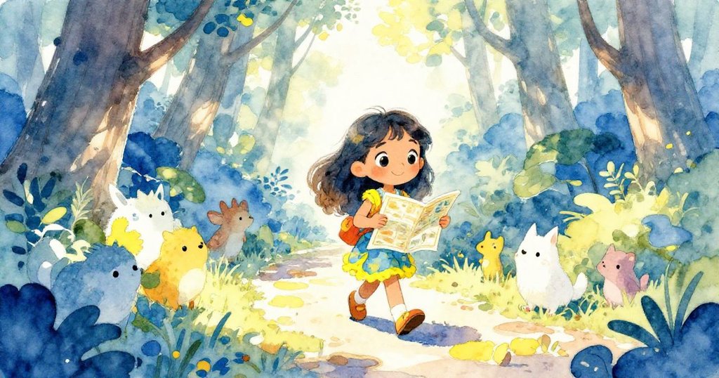 莉拉依據古地圖引導走在蜿蜒森林小徑上，周圍動物靜靜觀望，充滿奇幻與希望的自然奇境。