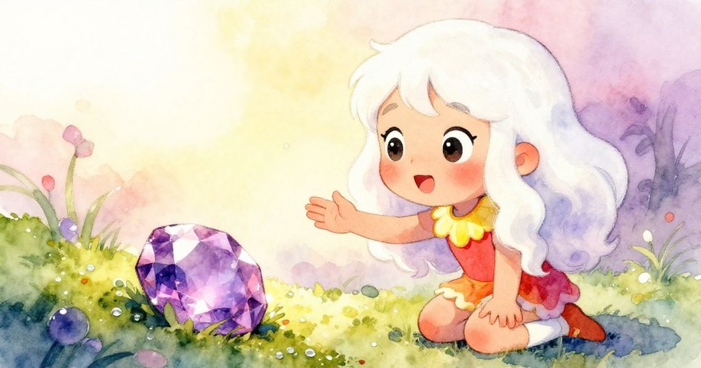 莉拉在晨光映照下發現嵌於蘚苔中的閃亮寶石，雙手輕伸觸摸，眼神中流露驚喜與無限好奇。