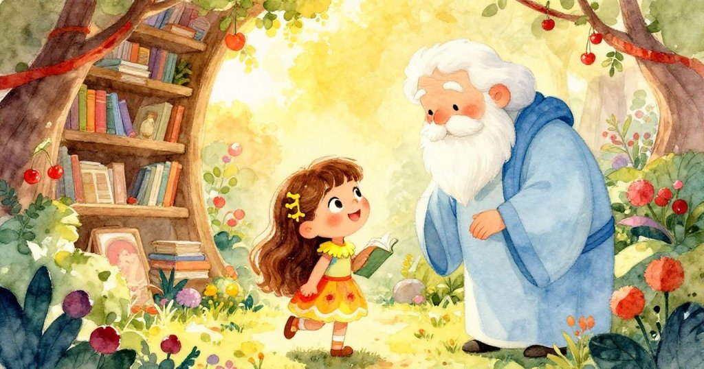 莉拉與導師在夕陽餘暉中於隱秘圖書館與秘密花園重逢，擁抱中流露智慧、夢想與無限冒險的美好結局。