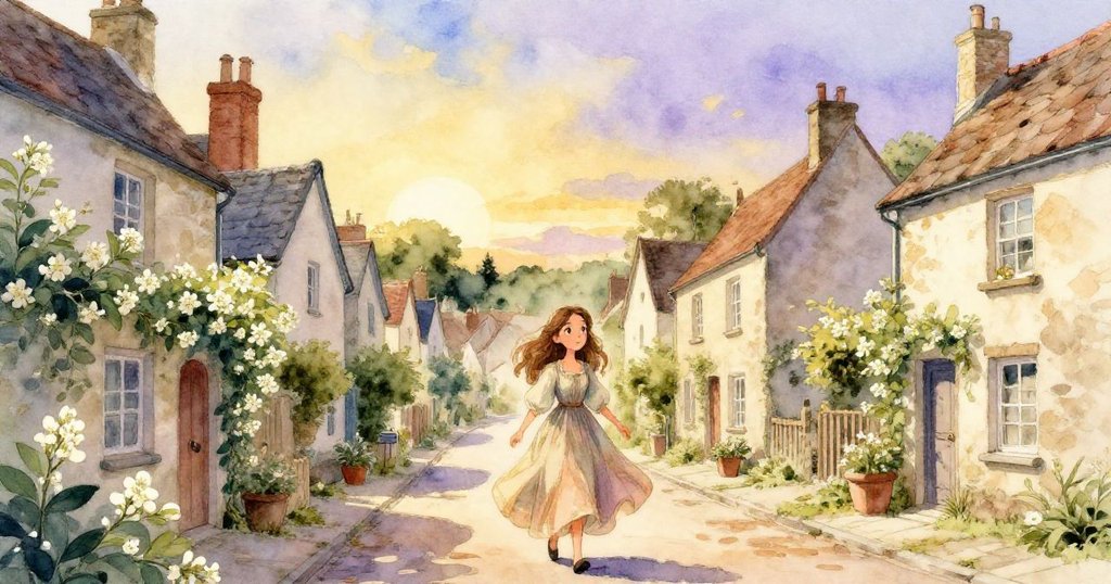 埃莉諾在日落金紫背景下走在石板街上，臉上帶著好奇的微笑，村莊景色優美溫暖。