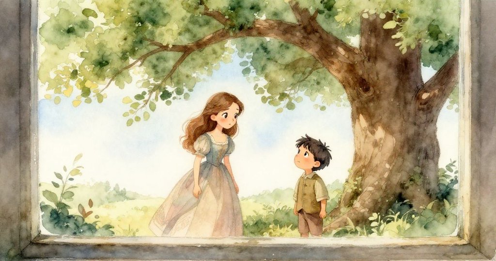 透過霧氣瀰漫的老窗戶，埃莉諾與謹慎的朋友在老橡樹下低語，表情充滿好奇與些許擔憂。