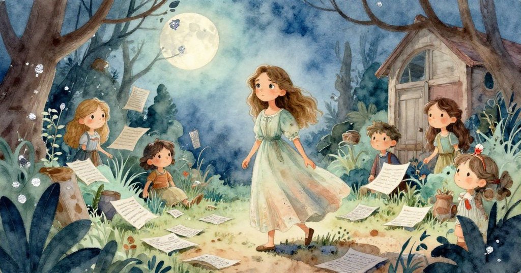 在月光柔和的廢棄花園中，埃莉諾帶著決心踏入神秘境地，周圍散落著微光符號和紙條。