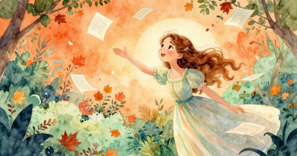 月光下花園中，埃莉諾在飛舞的秋葉與神秘紙條中奔向一張飄落的紙條，臉上充滿驚喜與活力。