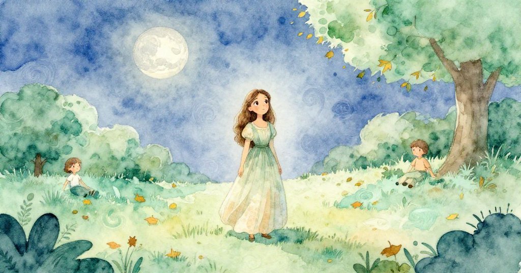 在靜謐月光的空曠處，埃莉諾靜靜地站著反思，周圍秋葉輕旋，夜晚散發出溫柔光輝，充滿內心平靜。