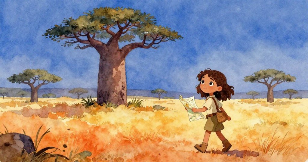 拉拉在黃昏的草原上行走，背景有古老的猴面包樹，眼神流露出驚奇與期待，展開神秘旅程。