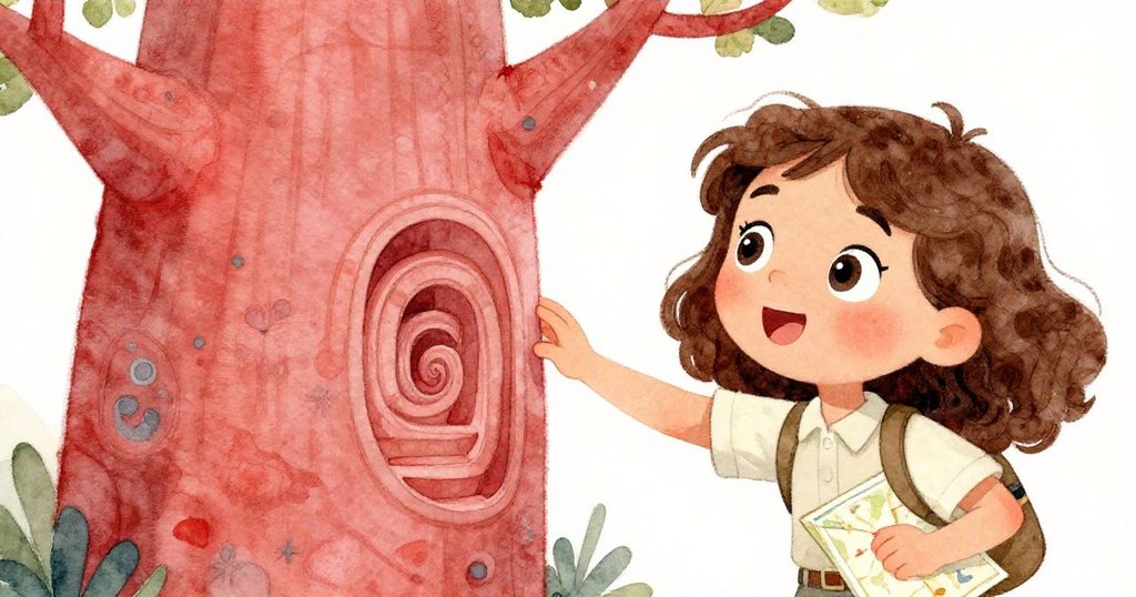 拉拉驚奇地發現猴面包樹下隱藏的螺旋樓梯，特寫她充滿好奇與驚艷的臉龐，展開探險轉折。