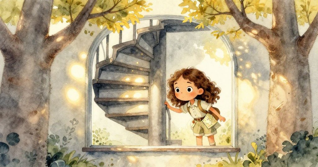 透過猴面包樹枝形成的天然窗口，拉拉探頭凝望隱藏的螺旋樓梯，充滿好奇與期待，展現神秘冒險轉折。