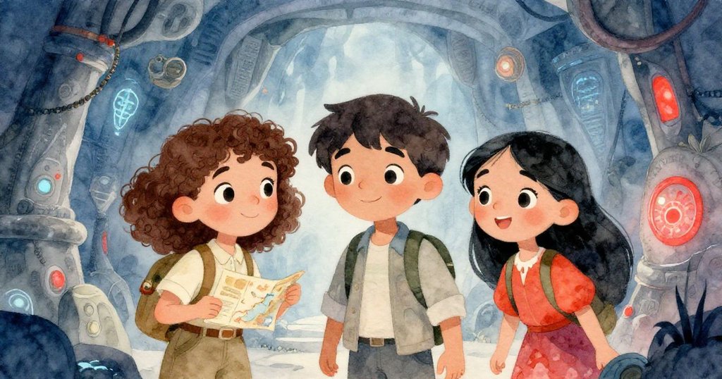 拉拉、泰奧及瑪麗亞在發光的古老密室中圍觀發光文物與銘刻，臉上展現出興奮與驚奇，共同解讀古老傳奇。