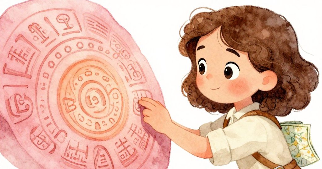 拉拉專注地細看古老文物上精緻的刻痕，手指輕觸符號，表情流露出敬畏與決心，探索轉捩點展現。