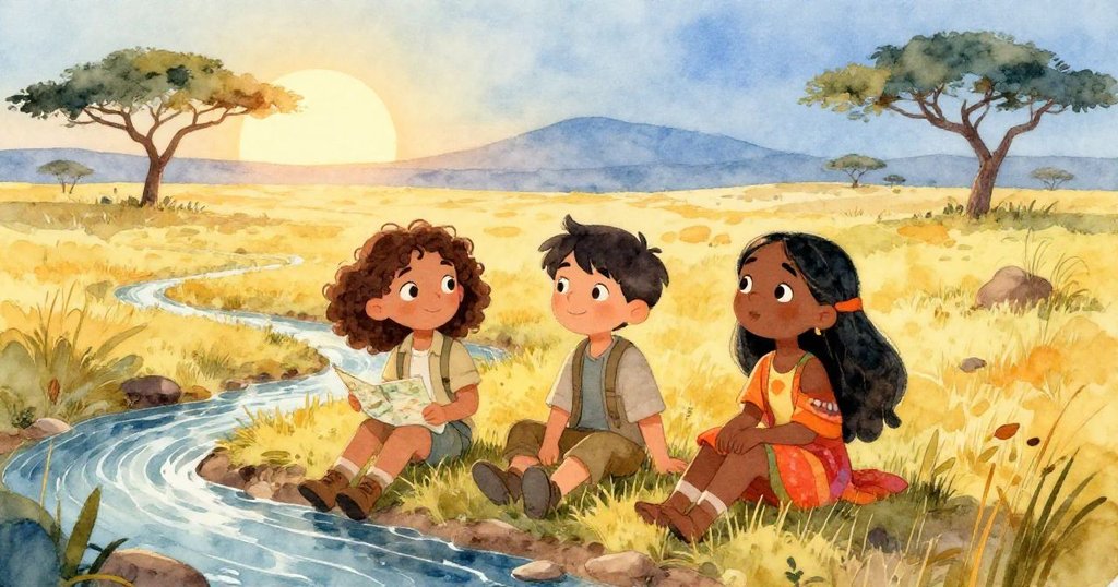 黎明時分，拉拉、泰奧和瑪麗亞坐在潺潺溪邊，背景是金光閃閃的草原，共享寧靜與回憶，旅程落幕。