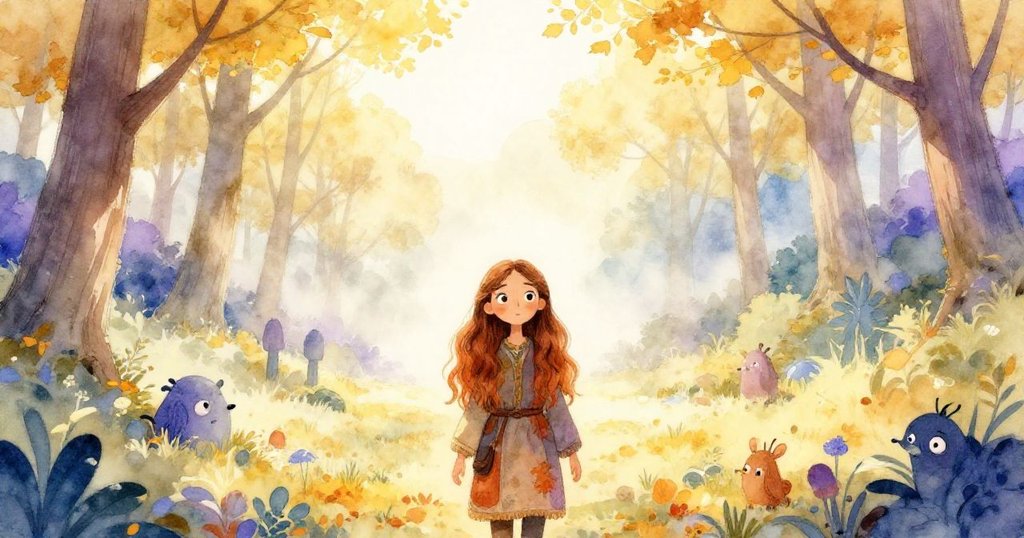 Elisa踏入迷人山谷，黃金光輝與輕霧環繞，她滿懷期待，展現冒險旅程開端的神秘美景。